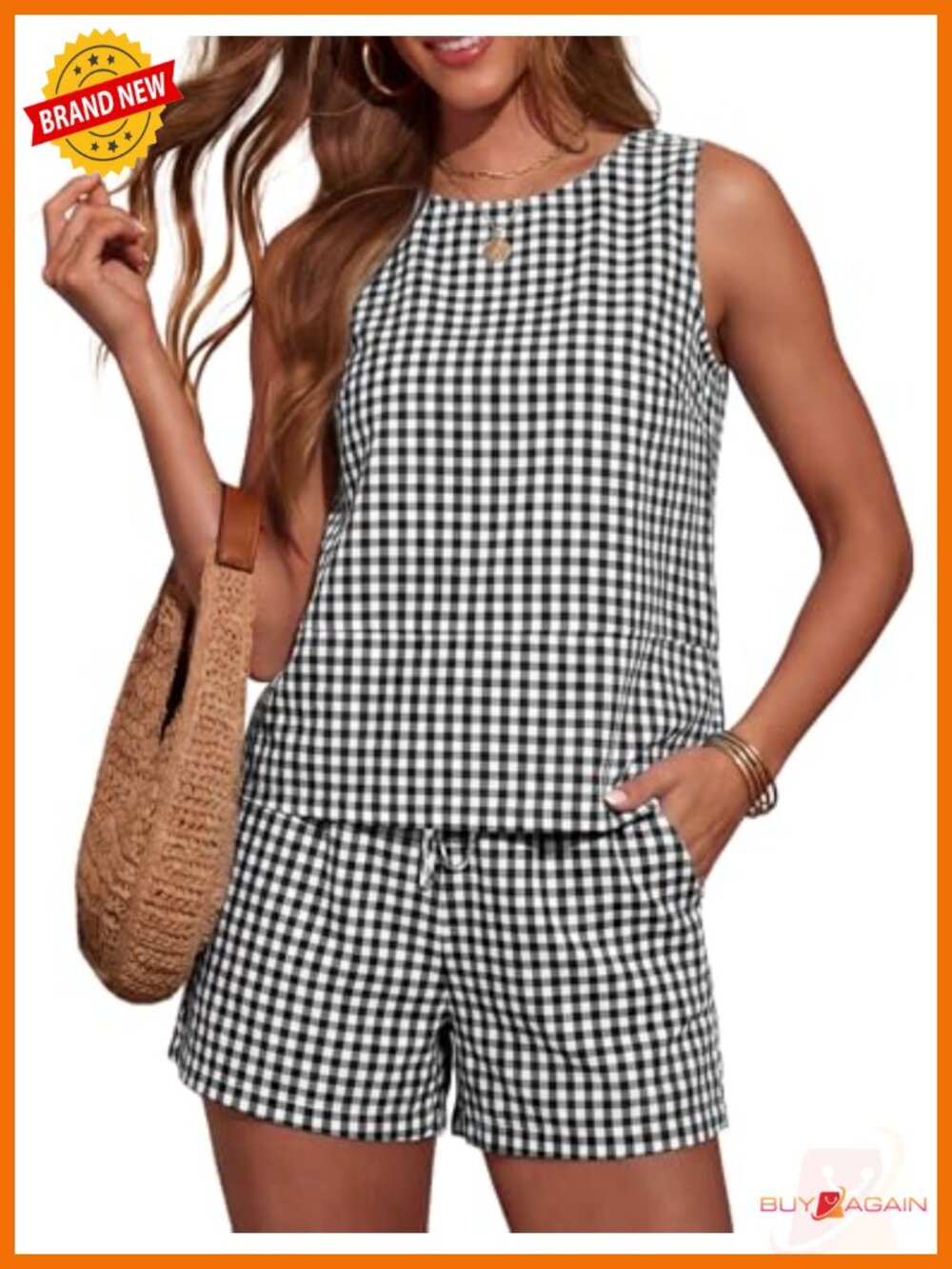 100% Cotton 2 Piece Tank Top and Shorts Set Sleeveless Crewneck Pockets